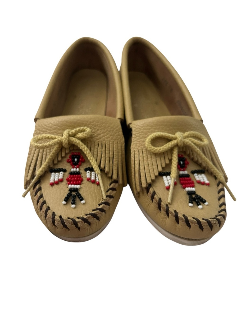 Minnetonka Tan Beaded Leather Fringe Moccasins - Picture 4 of 5